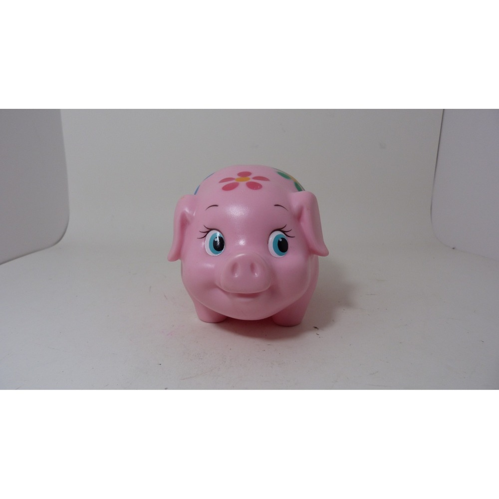 Vintage Pink Floral Plastic Piggy Bank Blue Eyes Flower Pattern 7.5 Inch